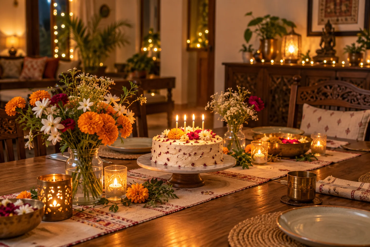 Birthday cake, flowers, and warm lights arranged for a celebration at home